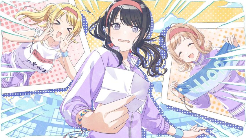&gt;_&lt; 3girls @_@ black_hair blonde_hair blush bracelet character_name clothes_around_waist collarbone emphasis_lines game_cg hachimiya_meguru hair_flaps halftone halftone_background headband holding holding_paper holding_sign idolmaster idolmaster_shiny_colors illumination_stars_(idolmaster) jacket jacket_around_waist jewelry kazano_hiori light_brown_hair low_twintails mole mole_under_mouth multiple_girls official_art open_mouth paper ponytail purple_eyes purple_track_suit red_headband sakuragi_mano shadow shirt short_twintails shouting shouting_with_hands sidelocks sign sky smile sweat track_suit twintails upper_body wavy_mouth white_shirt yellow_sky