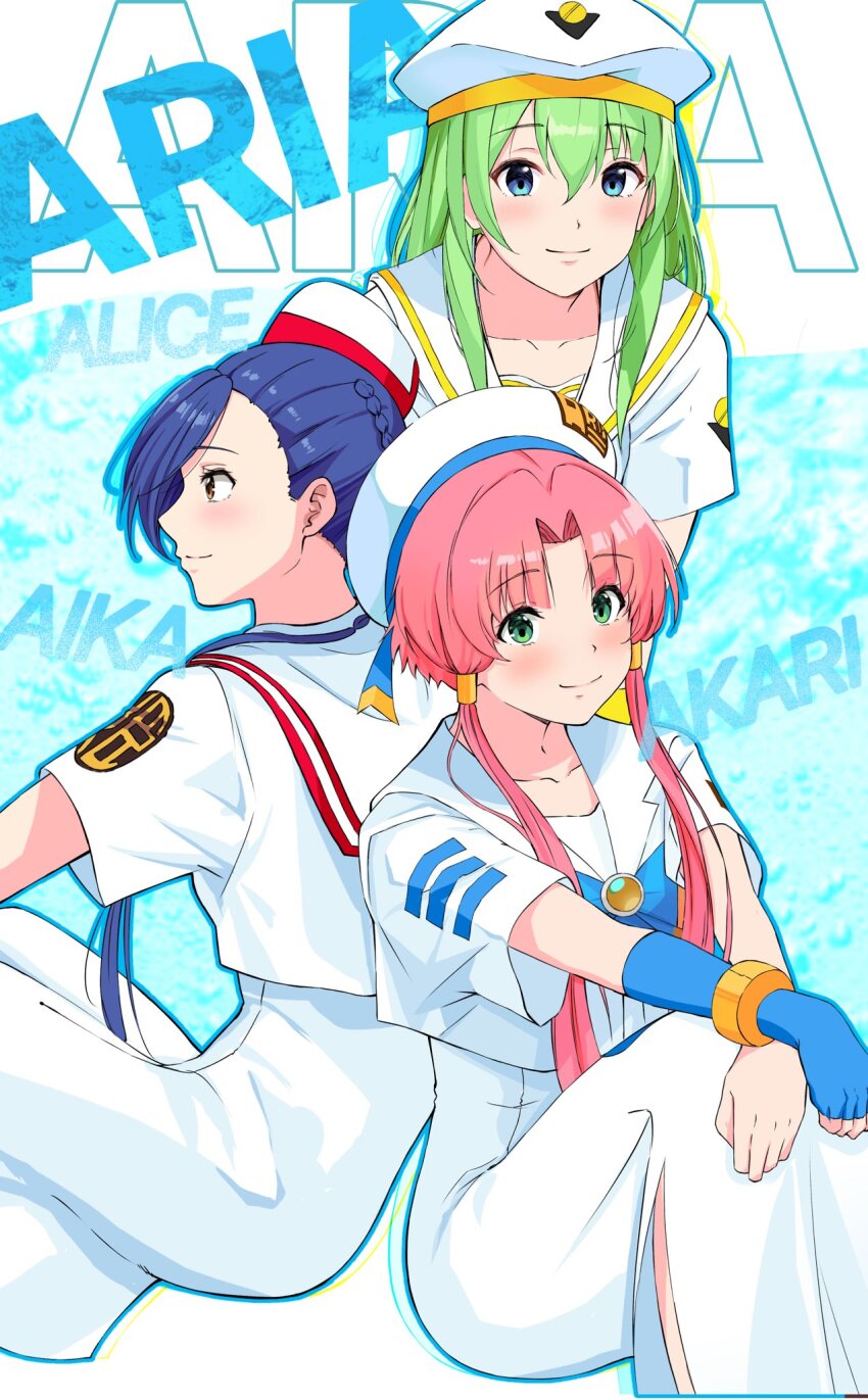 3girls aika_granzchesta alice_carroll andanden aria_(manga) aria_company_uniform beret blue_bow blue_bowtie blue_eyes blue_gloves blue_hair blue_ribbon blush bow bowtie brown_eyes character_name closed_mouth collarbone copyright_name dress feet_out_of_frame fingerless_gloves gloves gold_trim green_eyes green_hair hair_between_eyes hair_tubes hashtag-only_commentary hat hat_ribbon highres himeya_company_uniform impossible_clothes impossible_dress knees_up leaning_forward long_hair looking_at_viewer mizunashi_akari multiple_girls orange_planet_uniform parted_bangs ribbon sailor_collar short_hair_with_long_locks short_sleeves side_slit sitting smile white_dress white_hat