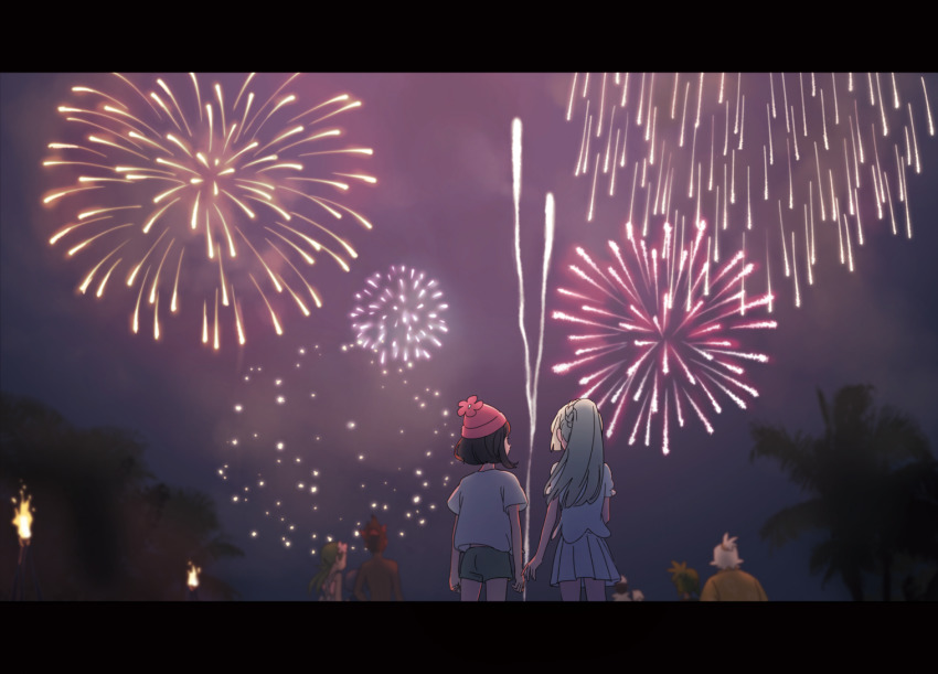 3boys 3girls aerial_fireworks beanie black_hair blonde_hair commentary_request crowd festival fireworks green_hair green_shorts hala_(pokemon) hat hau_(pokemon) kiawe_(pokemon) letterboxed lillie_(pokemon) long_hair mallow_(pokemon) multiple_boys multiple_girls night night_sky nintendo palm_tree pokemon pokemon_sm ruidusxyq selene_(pokemon) short_hair short_shorts shorts sky torch tree white_hair yuri