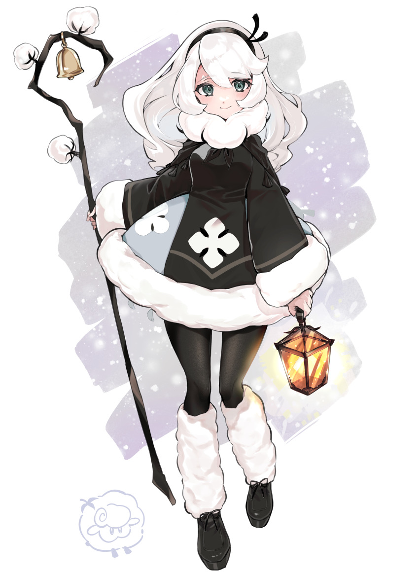0x0_srnk 1girl absurdres bell blush closed_mouth cookie_run cookie_run:_kingdom cotton_cookie dress fur_trim green_eyes headband highres holding holding_lantern holding_staff lantern leg_warmers long_hair looking_to_the_side pantyhose parted_bangs shawl sheep shoes smile snow solo spade_(shape) staff white_hair