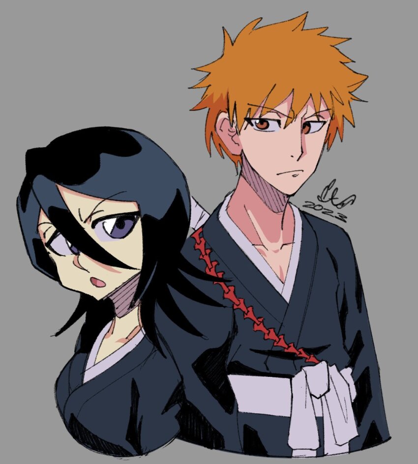 1boy 1girl 2023 :o black_hair black_kimono bleach caliginousarts frown grey_background hair_between_eyes highres japanese_clothes kimono kuchiki_rukia kurosaki_ichigo light_frown long_sleeves looking_at_viewer open_mouth orange_eyes orange_hair shihakusho short_hair spiked_hair v-shaped_eyebrows