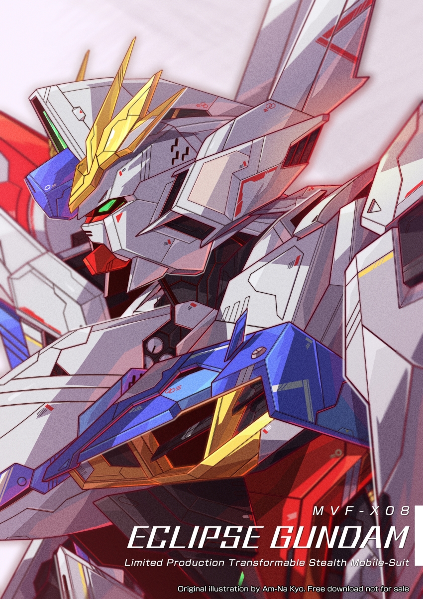 absurdres artist_name azzalea character_name commentary eclipse_gundam english_commentary english_text from_side green_eyes grey_background gundam gundam_seed gundam_seed_eclipse highres looking_ahead mecha mobile_suit no_humans robot science_fiction solo upper_body v-fin