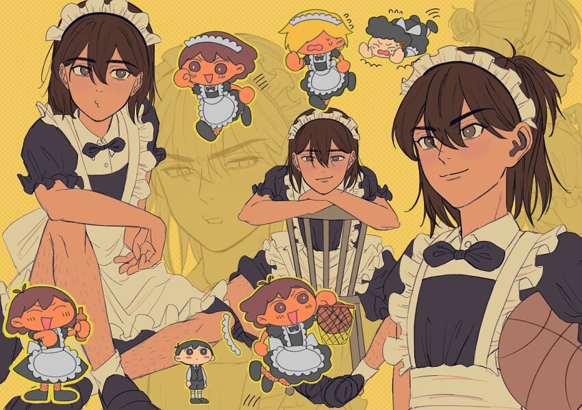 4boys alternate_costume angel_(omori) antenna_hair ball basketball_(object) basketball_hoop black_hair black_shoes blonde_hair brown_eyes brown_hair chair chibi closed_mouth dark-skinned_male dark_skin enmaided flying_sweatdrops hair_over_eyes holding holding_ball kel_(faraway)_(omori) kel_(omori) maid male_focus mikhael_(omori) msdnno_kabe multiple_boys omori on_chair open_mouth puffy_short_sleeves puffy_sleeves shoes short_hair short_sleeves sitting slam_dunk_(basketball) socks sunny_(omori) sweat triangle_mouth white_socks