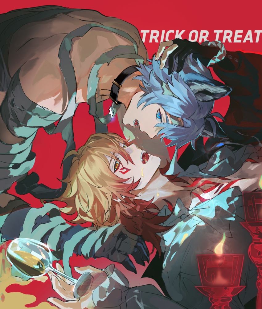 2boys absurdres after_kiss animal_ears antenna_hair bandaged_arm bandages black_collar black_gloves blonde_hair blue_eyes braid chest_tattoo collar commentary cup donburi_rn facial_tattoo gloves gradient_hair halloween halloween_costume hand_on_another&#039;s_head highres holding holding_cup honkai:_star_rail honkai_(series) male_focus medium_hair multicolored_hair multiple_boys mydei_(honkai:_star_rail) parted_bangs partially_fingerless_gloves phainon_(honkai:_star_rail) red_hair red_tattoo saliva saliva_trail shirt short_hair side_braid tattoo white_hair white_shirt wolf_ears yaoi yellow_blood yellow_eyes