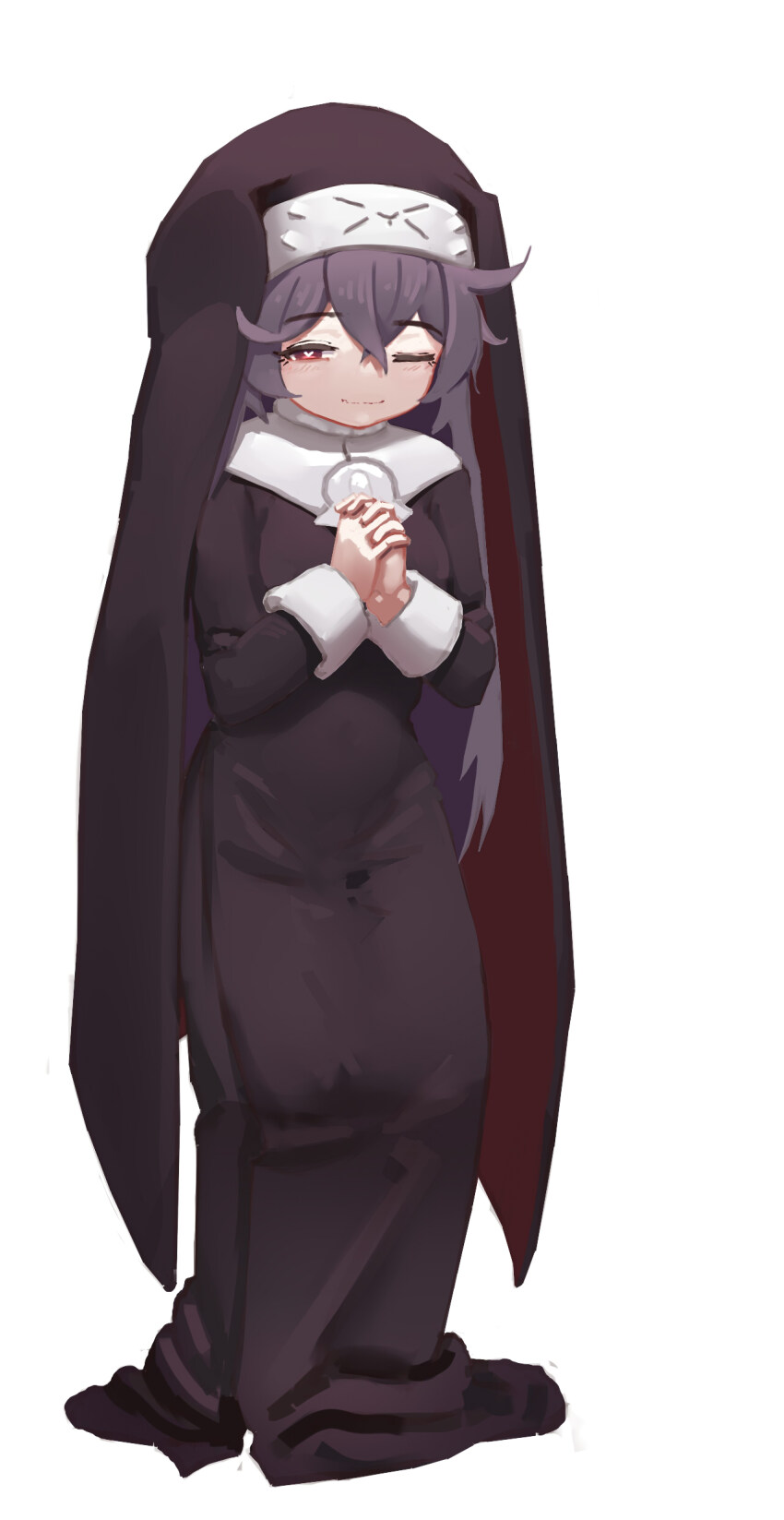 1girl absurdres aged_down black_dress black_hair black_veil blush breasts closed_mouth coif commentary crossed_bangs dress full_body greentree habit hair_between_eyes heart heart-shaped_pupils highres last_origin long_hair long_sleeves looking_at_viewer nun one_eye_closed own_hands_clasped own_hands_together red_eyes simple_background sleeve_cuffs small_breasts smile solo symbol-shaped_pupils traditional_nun veil veronica_type-asc white_background