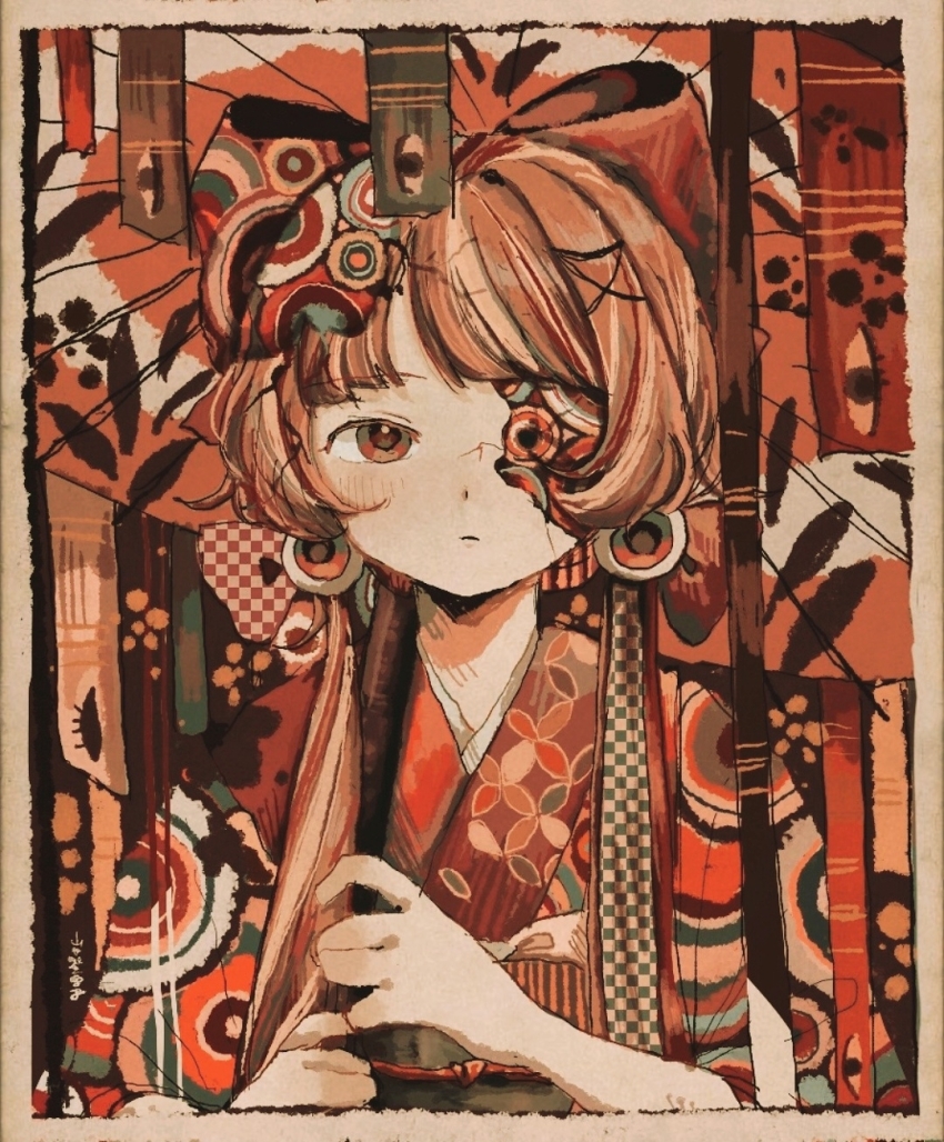 1girl abstract bamboo blunt_bangs border bow brown_hair closed_mouth cracked_skin disembodied_eye expressionless eye_hair_ornament hair_bow highres holding holding_umbrella jacket japanese_clothes kimono looking_ahead looking_at_viewer multicolored_hair multicolored_jacket oil-paper_umbrella original over_shoulder patterned_background print_jacket print_kimono print_umbrella red_bow red_eyes red_jacket red_kimono solo splatter straight-on streaked_hair two-handed umbrella unmoving_pattern upper_body wasabi_natsume white_border