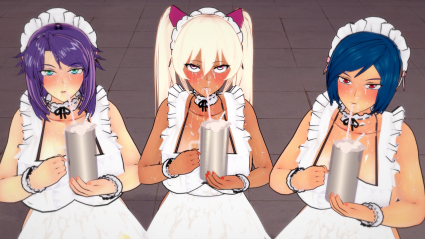 3d 3girls apron artist_request bikini bikini_under_clothes blush breasts corruption cum cum_in_container cum_in_cup dark-skinned_female dark_skin embarrassed forced hair_ornament kangoku_senkan kangoku_senkan_3 kila_kushan large_breasts lieri_bishop lips long_hair looking_at_viewer maid maid_headdress mind_control multiple_girls naomi_evans pink_eyes shiny_skin short_hair sorbet standing swimsuit thighs twintails very_long_hair wavy_hair white_apron