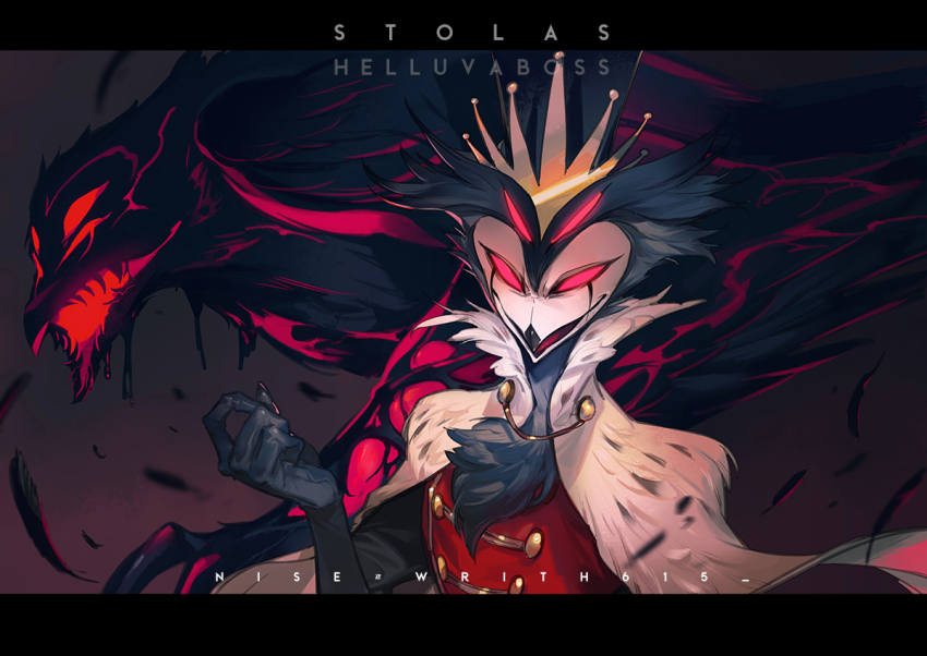1boy beak bird_boy demon_boy demon_horns extra_eyes grey_hair helluva_boss horns male_focus multiple_boys owl_boy red_eyes stolas_(helluva_boss) wraith615