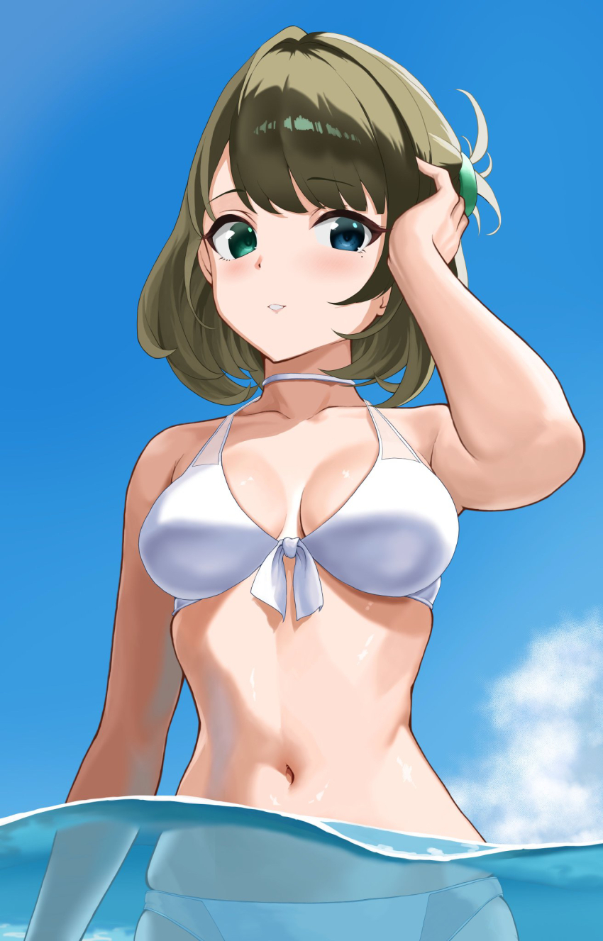 1girl bare_shoulders bikini blue_eyes blush breasts choker cleavage collarbone fascinate_kyrie front-tie_bikini_top front-tie_top green_eyes green_hair highres idolmaster idolmaster_cinderella_girls medium_breasts mole mole_under_eye navel partially_submerged short_hair solo swimsuit takagaki_kaede white_bikini white_choker