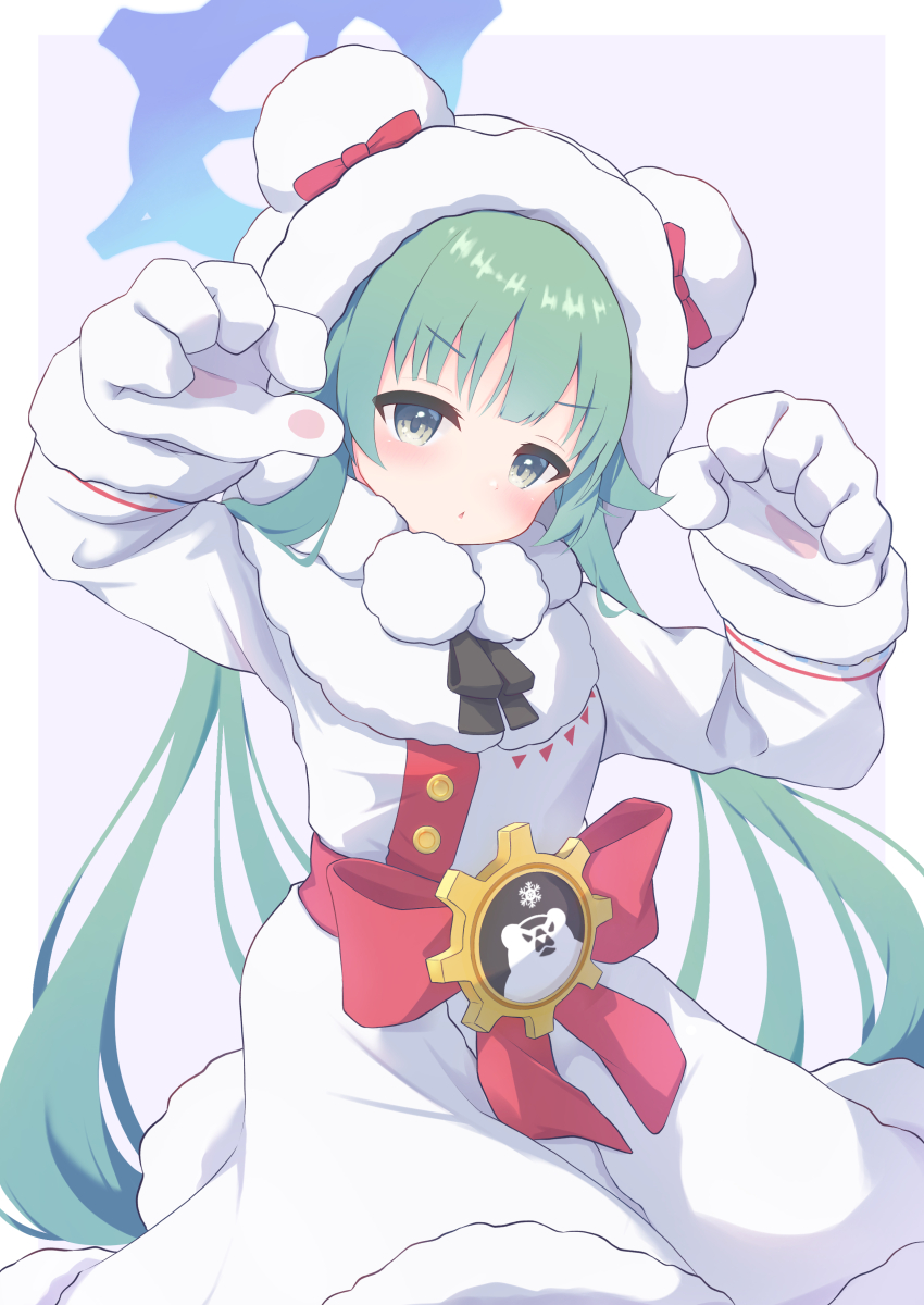 1girl absurdres animal_hood blue_archive blue_halo bow coat coat_dress dress fur-trimmed_coat fur_trim gloves green_eyes green_hair halo highres hood hooded_coat jacket karupa_(karupapon) long_hair momiji_(blue_archive) parted_lips red_bow solo white_coat white_dress white_gloves white_jacket