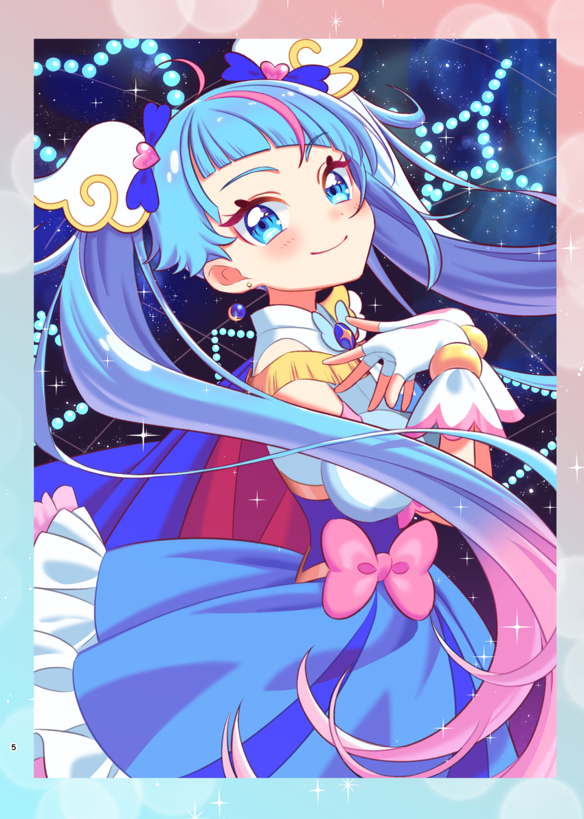 1girl absurdres blue_cape blue_dress blue_eyes blue_hair bow brooch bun_(jewd5385) cape closed_mouth commentary_request cowboy_shot cure_sky cut_bangs detached_sleeves dress dress_bow earrings fingerless_gloves frilled_dress frills from_side gloves gradient_hair hands_on_own_chest highres hirogaru_sky!_precure jewelry long_hair looking_at_viewer magical_girl medium_dress multicolored_hair pink_bow pink_hair precure puffy_detached_sleeves puffy_sleeves red_cape single_sidelock sleeveless sleeveless_dress smile solo sora_harewataru sparkle standing streaked_hair twintails two-sided_cape two-sided_fabric two-tone_dress two-tone_hair very_long_hair white_dress white_gloves wing_brooch