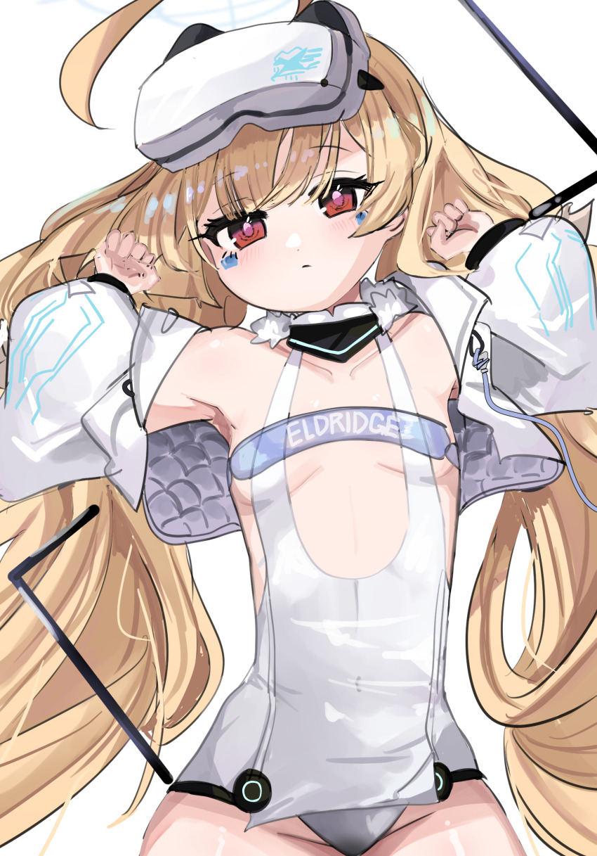 1girl ahoge armpits azur_lane blonde_hair character_name closed_mouth collarbone covered_navel cropped_jacket eldridge_(azur_lane) eldridge_(retrofit)_(azur_lane) facial_mark flat_chest groin highres jacket long_hair looking_at_viewer low_twintails official_alternate_costume pink_pupils red_eyes simple_background solo tsuchi_(xger4434) twintails very_long_hair white_background white_jacket