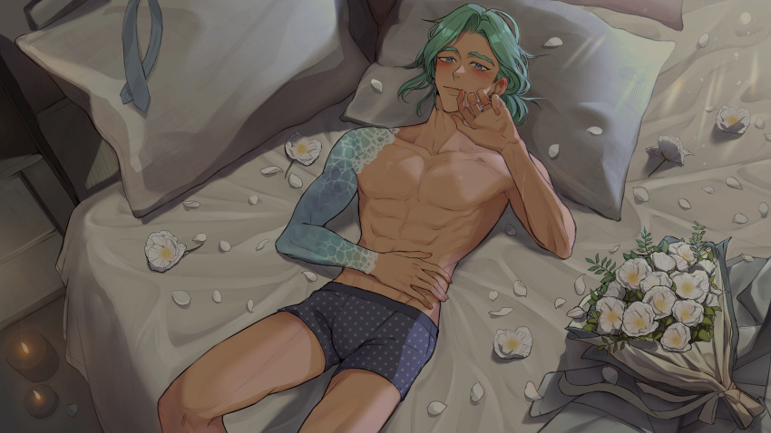 1boy abs absurdres arm_up blush bouquet boxer_briefs candle cove_holden curtained_hair eiden_kato feet_out_of_frame flower green_eyes green_hair hand_on_own_face hand_on_own_stomach head_on_pillow highres looking_at_viewer lying male_focus male_underwear no_pants on_back on_bed our_life:_beginnings_and_always pectorals pillow poppy_(flower) second-party_source sepia short_hair smile solo sunlight tattoo tattoo_sleeve toned toned_male topless_male underwear underwear_only unworn_clothes upper_body white_petals