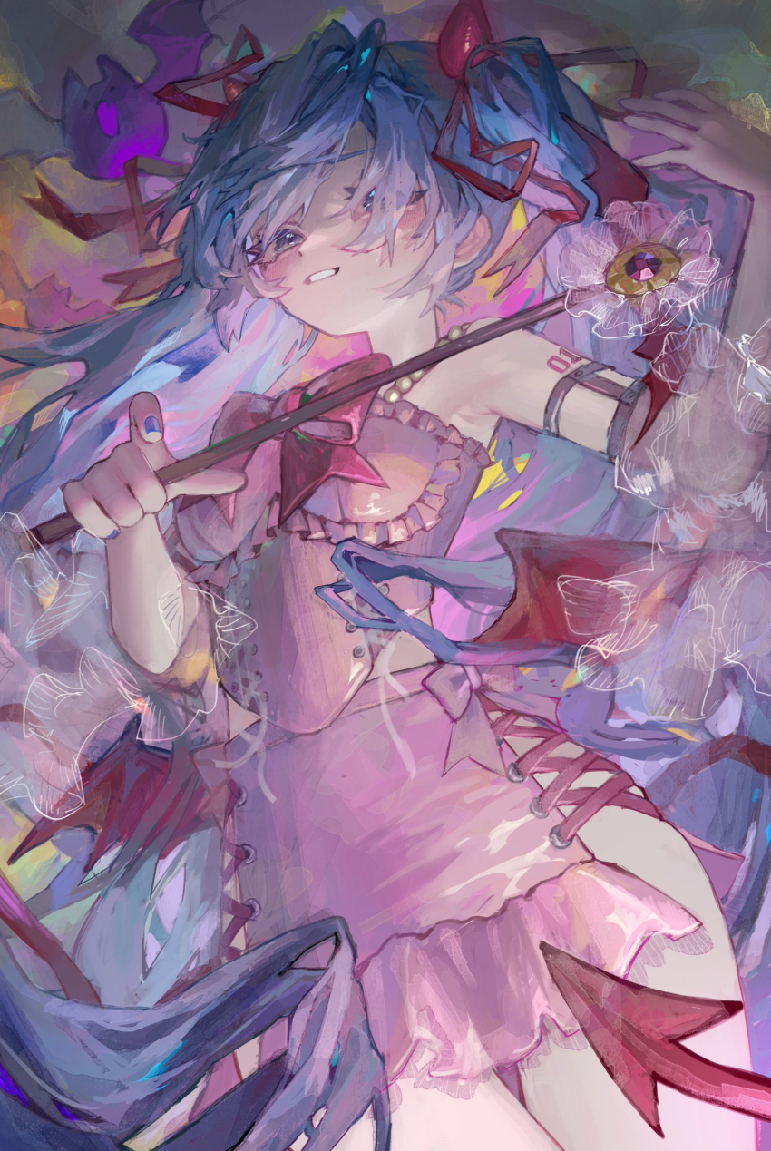 1girl alternate_costume arm_tattoo armpits bare_shoulders bat_(animal) bat_wings beads blue_eyes blue_hair blue_nails blush bodice bow bowtie commentary cross-laced_clothes cross-laced_skirt demon_tail dutch_angle frilled_skirt frills from_below hair_ribbon half-closed_eyes halloween halloween_costume hatsune_miku highres holding horns long_bangs long_hair looking_at_viewer looking_down nino_ryk number_tattoo pink_bow pink_bowtie pink_skirt red_horns red_ribbon red_tail red_wings ribbon skindentation skirt solo standing tail tattoo teeth very_long_hair vocaloid wings