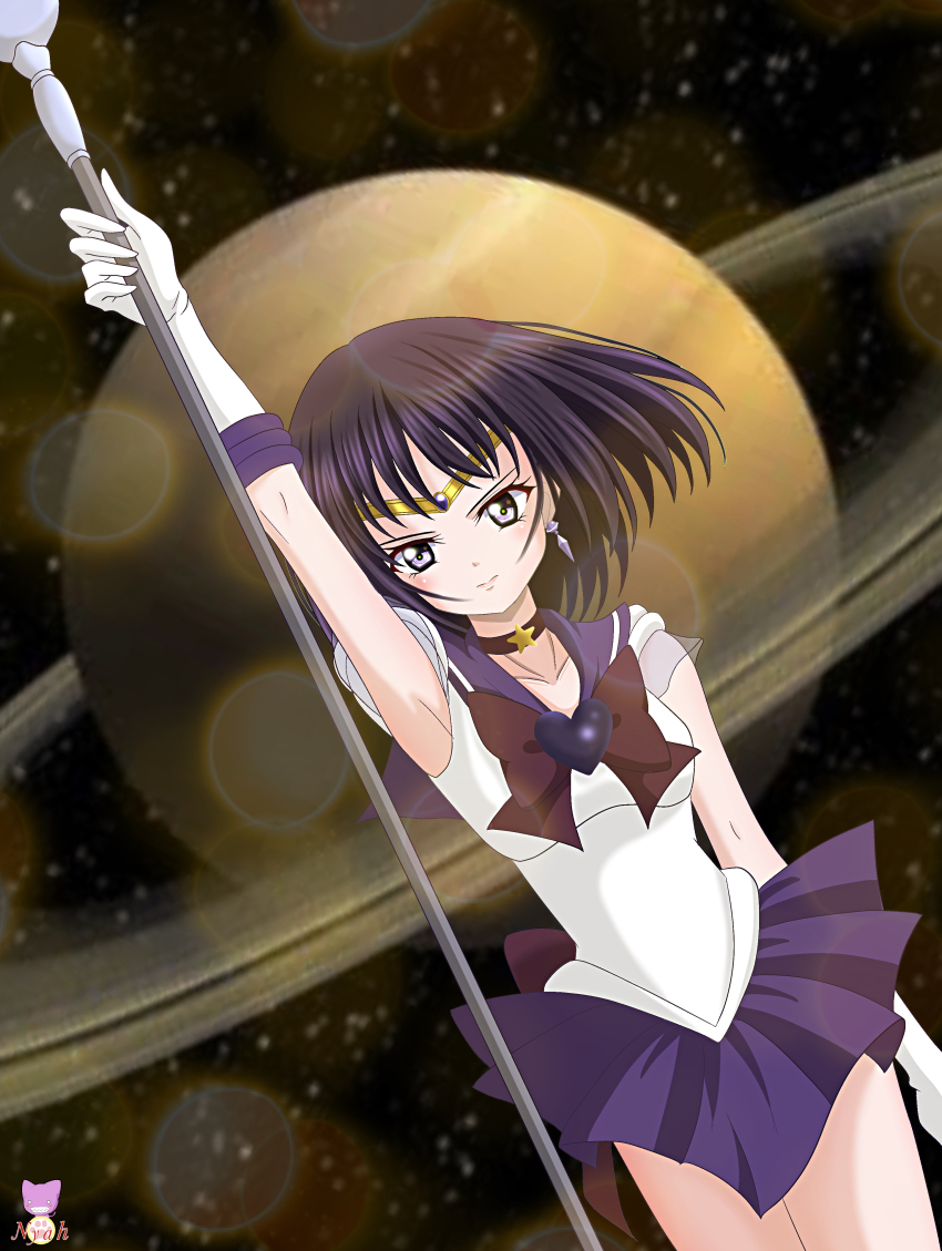 absurdres armpits bishoujo_senshi_sailor_moon black_hair brooch choker circlet collarbone crystal_earrings earrings elbow_gloves gem gloves heart heart_brooch highres jewelry nyahoekaki1 pleated_skirt purple_gemstone purple_sailor_collar purple_skirt sailor_collar sailor_saturn sailor_senshi_uniform saturn_(planet) short_hair silence_glaive skirt smile star_(symbol) star_choker super_sailor_saturn tomoe_hotaru v-shaped_eyebrows white_gloves