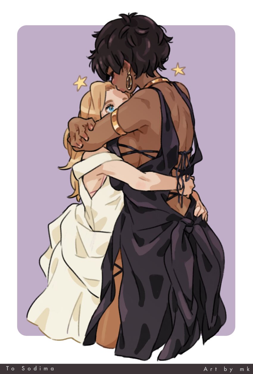 2girls absurdres artist_name back black_dress black_hair blonde_hair blue_eyes borrowed_character cassidy_(xodima) closed_eyes dark-skinned_female dark_skin dress earrings ginika_(xodima) highres hoop_earrings hug interracial jewelry kiss kissing_forehead long_hair m_k multiple_girls original purple_background short_hair simple_background star_(symbol) white_dress yuri