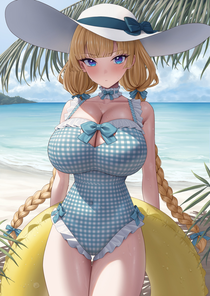 1girl absurdres bare_shoulders beach bikini blonde_hair blue_eyes blush braid breasts bursting_breasts choker cleavage curvy frilled_bikini frilled_choker frills hands_behind hat highres huge_breasts large_breasts lina_(michihasu) long_hair looking_at_viewer michihasu original shaded_face solo swimsuit thighs twin_braids wide_brim