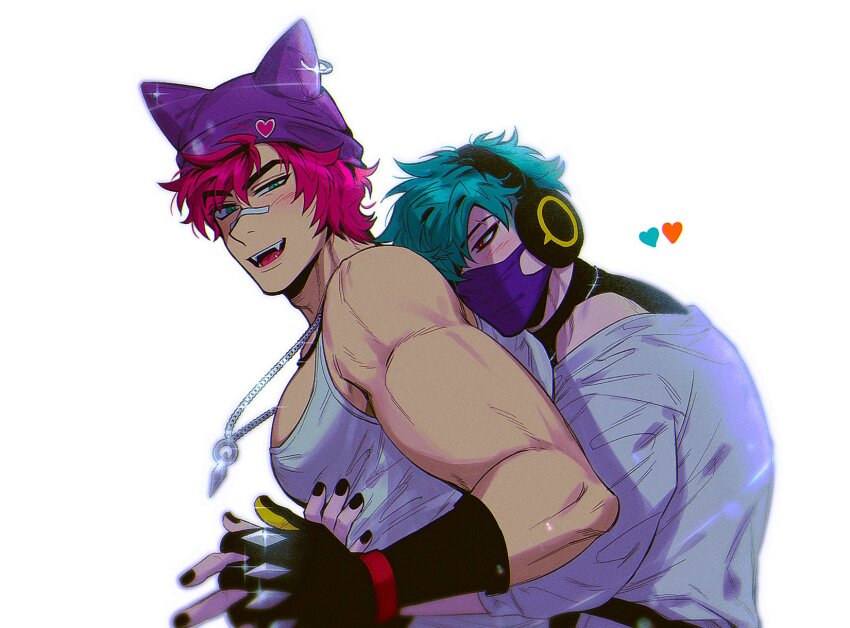 2boys animal_ear_headwear animal_ears aphelios bandaid bandaid_on_face beanie black_gloves black_nails black_shirt blue_eyes blush cat_ears commentary earrings fake_animal_ears fangs gloves green_hair hat head_rest headphones heartsteel_aphelios heartsteel_sett highres hug hug_from_behind interlocked_fingers jewelry league_of_legends long_sleeves looking_at_another male_focus mask mouth_mask multiple_boys nail_polish necklace official_alternate_costume open_mouth pectorals pierced_hat piercing purple_hat red_eyes red_hair sett_(league_of_legends) sett_hd shirt sidepec simple_background single_bare_shoulder sleeveless smile tank_top teeth white_background white_shirt white_tank_top yaoi
