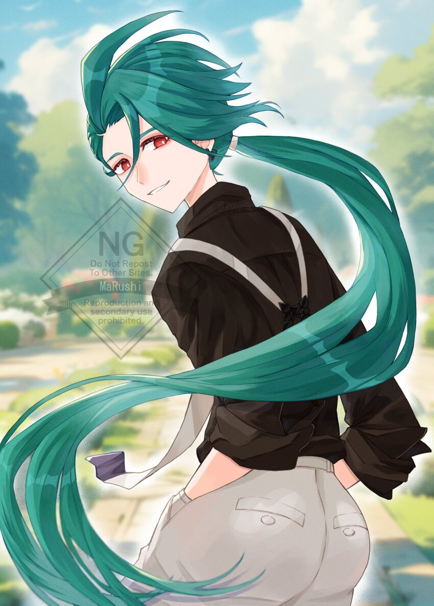 1girl absurdres ahoge androgynous ass asymmetrical_bangs back black_gloves black_shirt bright_pupils closed_mouth collared_shirt creatures_(company) ear_piercing earrings game_freak gloves green_hair grin highres jewelry long_hair marushi_(marusiiiil) nintendo official_alternate_color pants piercing pokemon pokemon_masters_ex ponytail red_eyes reverse_trap rika_(pokemon) shirt sleeves_rolled_up smile solo suspenders triangle_earrings white_pants white_pupils