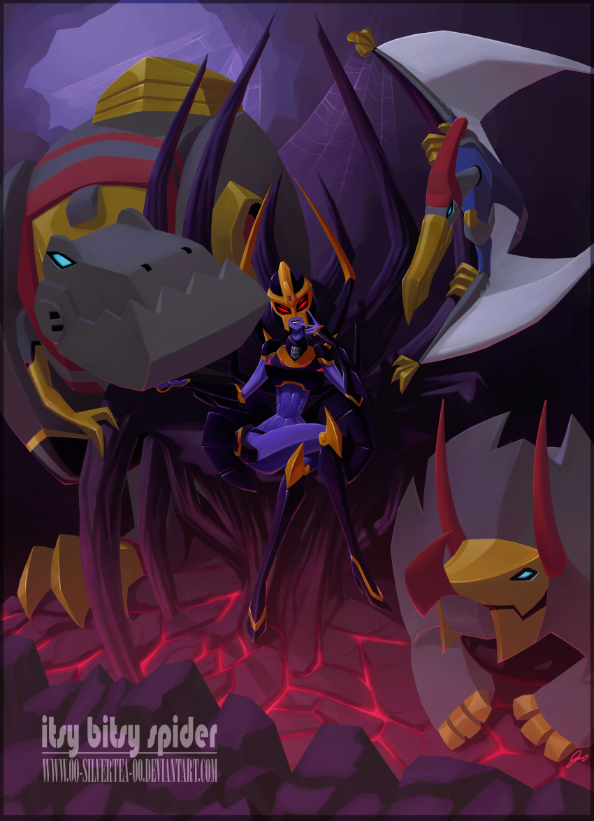 1girl 3boys absurdres armor autobot black_lips blackarachnia blue_eyes breasts cave colored_skin crossed_legs curvy decepticon dinosaur english_text grimlock grin hand_on_another&#039;s_chin high_heels highres horns humanoid_robot medium_breasts multiple_boys narrow_waist non-humanoid_robot nostrils panties pteranodon purple_skin red_eyes robot robot_animal robot_girl silk silverteahouse sitting smile snarl_(transformers) snarl_(transformers_animated) spider_web swoop_(transformers) teeth throne transformers transformers_animated triceratops tyrannosaurus_rex underwear watermark web_address