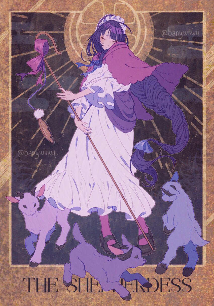 1girl absurdres alternate_costume animal artist_name blunt_bangs bow braid cane capelet closed_eyes closed_mouth dress ebany_ohuet english_text frilled_sleeves frills genshin_impact hair_bow head_tilt highres holding holding_cane lamb light_blush long_braid long_hair low-tied_long_hair mole mole_under_eye pantyhose purple_hair purple_pantyhose raiden_shogun sheep short_sleeves single_braid solo standing sun twitter_username watermark white_headdress wide_sleeves