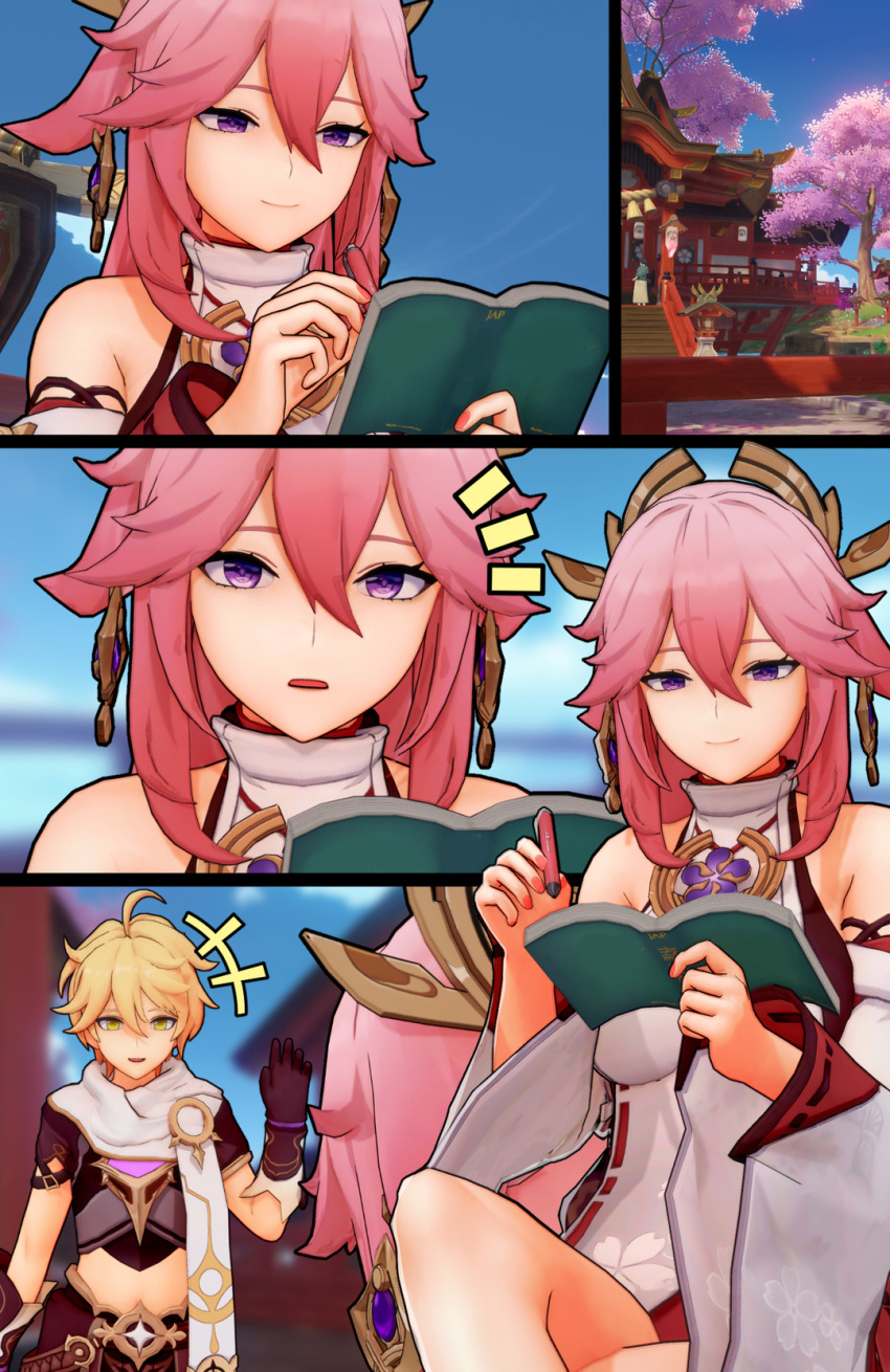 1boy 1girl 3d actualekusu aether_(genshin_impact) ahoge animal_ears arm_armor blonde_hair book braid brown_shirt detached_sleeves earrings floppy_ears fox_ears genshin_impact highres japanese_clothes jewelry kimono koikatsu_(medium) long_hair low-braided_long_hair low-tied_long_hair pink_hair purple_eyes purple_kimono scarf shirt short_hair_with_long_locks smile tomoe_(symbol) vision_(genshin_impact) white_scarf wide_sleeves writing yae_miko yellow_eyes