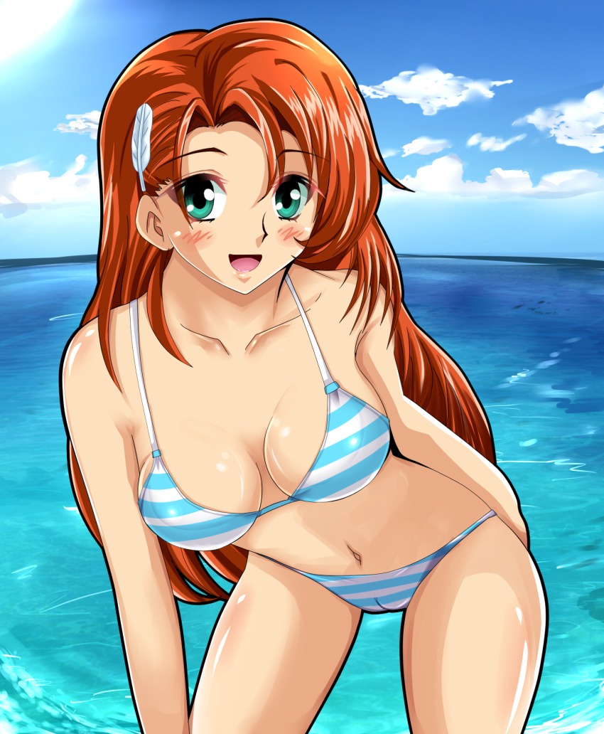 1girl aqua_eyes beach bikini blue_sky blush breasts cameltoe cliana_rimskaya collarbone feathers female_focus hair_ornament highres long_hair looking_at_viewer ocean open_mouth orange_hair shiguko sky smile solo striped_bikini striped_clothes super_robot_wars super_robot_wars_destiny super_robot_wars_original_generation swimsuit the_2nd_super_robot_wars_og water
