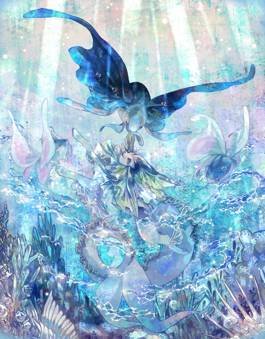 air_bubble animal_focus ankle_fins blue_theme bubble coral dappled_sunlight eyelashes finneon fins fish full_body gen_1_pokemon gen_4_pokemon head_fins highres lumineon mokunami nintendo no_humans parted_lips pawpads pink_eyes pokemon pokemon_(creature) sunlight swimming underwater vaporeon