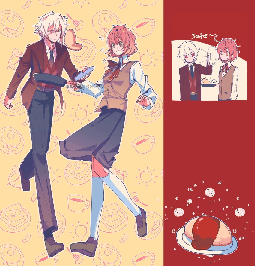 1boy 1girl black_skirt blush bow breasts brown_vest commissioner_insert cross cross_print emiya_shirou fate/stay_night fate_(series) genderswap highres homurabara_academy_school_uniform igote magic_circuit momomiya_shizuku_(gaoyue_jixiang) neck_ribbon oc_x_canon orange_hair original personification print_ribbon red_eyes red_hair red_ribbon ribbon school_uniform skirt vest white_hair