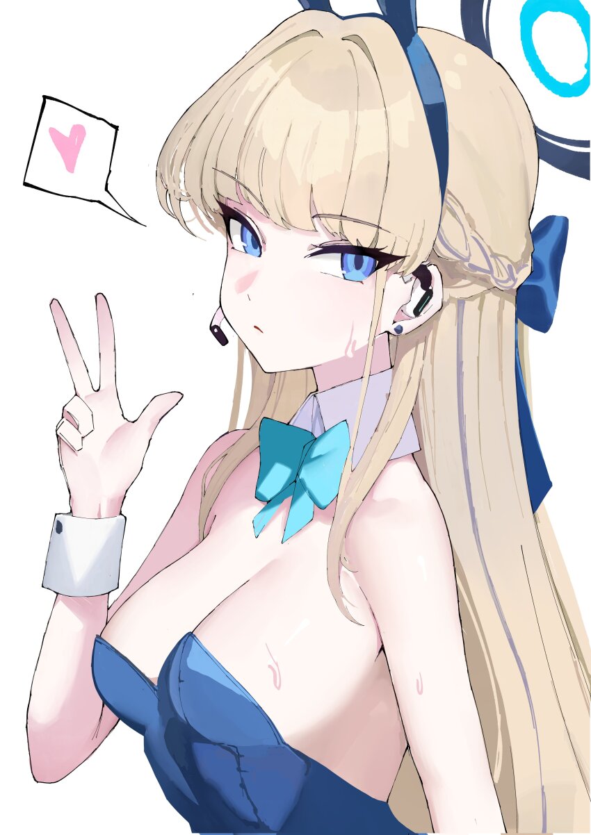 1girl absurdres animal_ears aqua_bow aqua_bowtie blue_archive blue_halo blue_leotard bow bowtie commentary corrupted_twitter_file detached_collar djan earpiece fake_animal_ears halo highres leotard playboy_bunny rabbit_ears solo toki_(blue_archive) toki_(bunny)_(blue_archive) white_wrist_cuffs wrist_cuffs