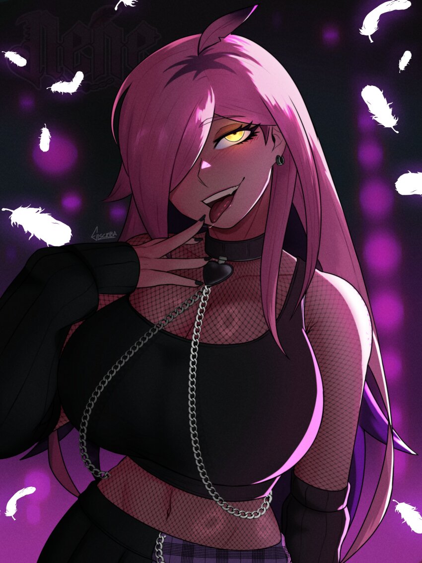 1girl absurdres ahoge artist_name black_choker black_nails black_pants black_shirt black_sleeves blurry blurry_background breasts chain choker collarbone crop_top detached_sleeves ear_piercing escriba eyelashes fang feathers fingernails fishnets glowing glowing_eyes hair_over_one_eye head_tilt heart heart_choker highres huge_breasts indie_virtual_youtuber long_hair navel nene_efthy pants piercing pink_hair saliva shirt sleeves_past_wrists solo spanish_commentary stomach teeth tongue tongue_out upper_teeth_only virtual_youtuber white_feathers yellow_eyes