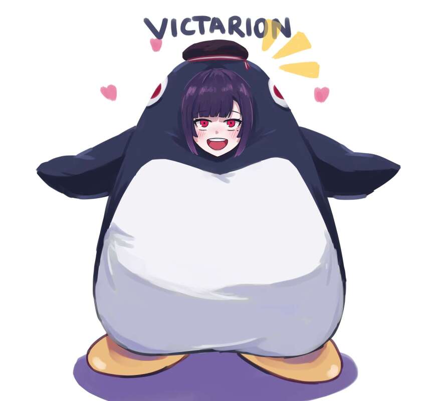 1girl animal_costume banmin banmin_chan black_hair breasts colored_skin eizoku_shizu eyeshadow eyeshadow_under_eye highres hime_cut large_breasts lipstick long_hair makeup mole penguin_costume permabanned red_eyes thick_thighs thighs victarionsc virtual_youtuber white_skin