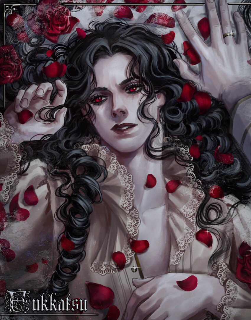 2boys absurdres androgynous artist_name black_hair flower fukkatsu_sumi highres jewelry long_hair lying multiple_boys on_back original pale_skin petals pov pov_hands red_eyes red_flower red_petals red_rose ring rose rose_petals shirt solo_focus upper_body vampire white_shirt