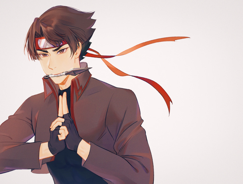 1boy ace_attorney black_shirt brown_eyes brown_hair brown_jacket chinese_commentary collared_jacket commentary_request cropped_jacket fingerless_gloves gloves headband highres jacket kaze_(yznyttdgs) kazuma_asogi kunai long_sleeves male_focus ninja open_clothes open_jacket own_hands_together red_headband shirt simple_background solo the_great_ace_attorney upper_body weapon white_background