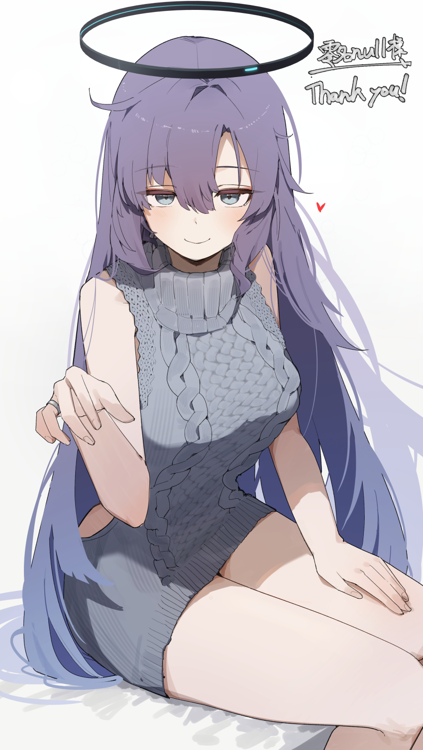 1girl absurdres bare_arms black_halo blue_archive blue_eyes closed_mouth grey_sweater hair_between_eyes halo hand_on_own_thigh hand_up heart highres jewelry long_hair maton_3110 purple_hair ring sitting sleeveless sleeveless_sweater smile solo sweater thighs very_long_hair wedding_ring white_background yuuka_(blue_archive)