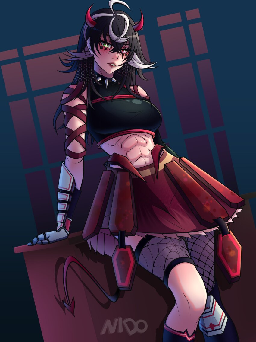 1girl abs absurdres affternido alternate_costume arm_support asymmetrical_legwear black_collar black_hair black_shirt black_thighhighs blush bracelet breasts collar cropped_shirt emikukis_(vtuber) feet_out_of_frame female_focus fishnet_thighhighs fishnets gloves green_eyes grey_gloves heterochromia highres indie_virtual_youtuber indoors jewelry large_breasts leaning_back lips long_hair midriff multicolored_hair muscular muscular_female nose parted_lips pink_eyes red_shirt red_skirt shirt skirt sleeveless sleeveless_shirt solo spiked_collar spikes standing streaked_hair teeth thighhighs two-tone_hair two-tone_shirt virtual_youtuber white_hair