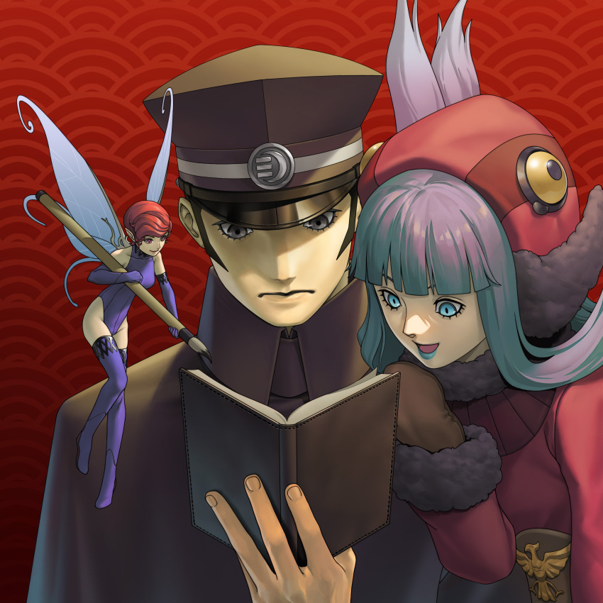 1boy 2girls :d absurdres aqua_eyes aqua_hair aqua_lips artist_request black_cloak black_hair black_hat book cloak commentary demon_(megami_tensei) devil_summoner:_raidou_kuzunoha_vs_the_soulless_army devil_summoner_(series) english_commentary fairy_wings frown grey_eyes hat highres holding holding_brush kuzunoha_raidou long_hair mini_person minigirl multiple_girls muu_shuwuu_(megami_tensei) official_art open_mouth peaked_cap pixie_(megami_tensei) reading red_background red_hair short_hair sideburns smile wings