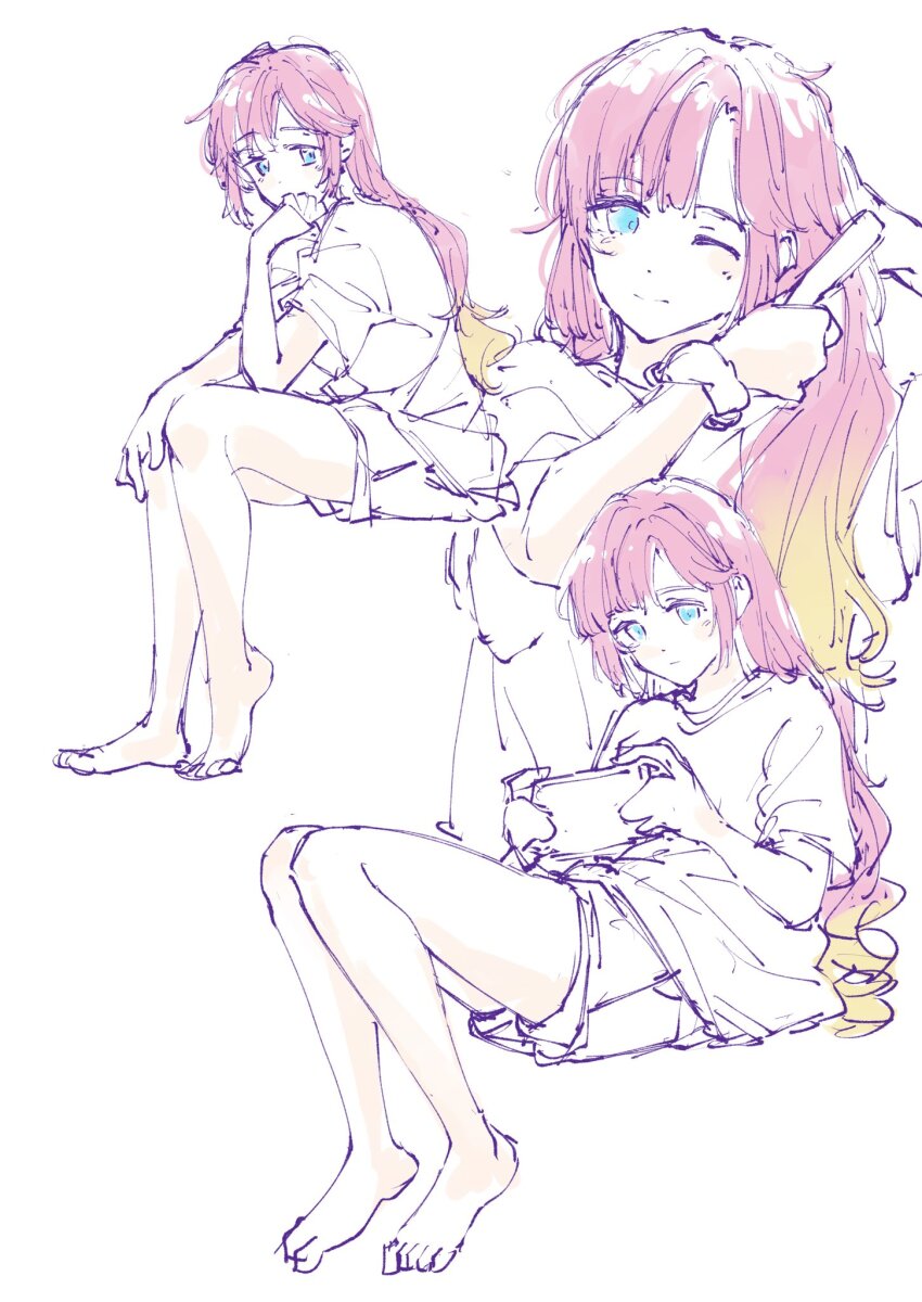 1girl 3; anyoji_hime anyoji_hime_(summer_loungewear) barefoot blonde_hair blue_eyes blunt_bangs brushing_hair closed_mouth full_body gradient_hair handheld_game_console highres holding holding_handheld_game_console invisible_chair l9525 link!_like!_love_live! long_hair love_live! multicolored_hair multiple_views one_eye_closed partially_colored pink_hair shirt short_shorts short_sleeves shorts sitting smile swept_bangs t-shirt very_long_hair virtual_youtuber
