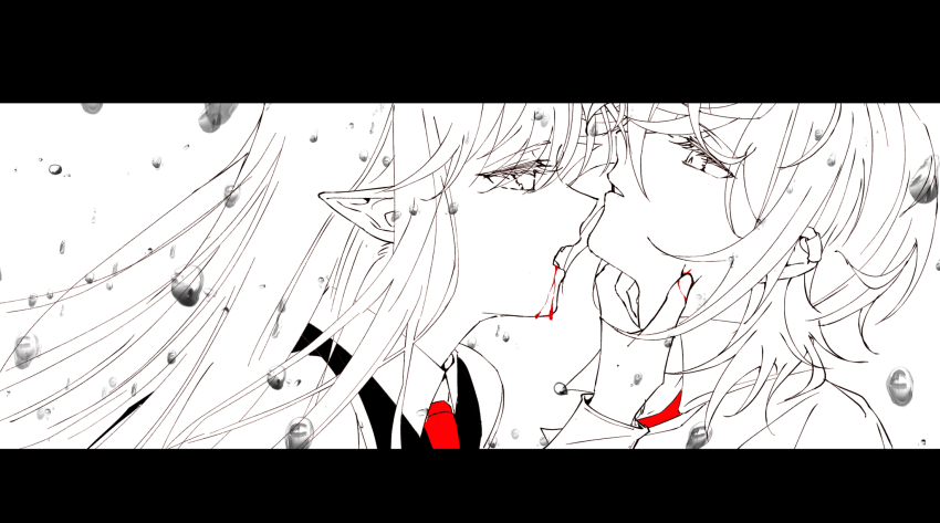 2girls asahina_yuni blood collared_shirt hand_up haoxiangkan_nutong highres kyou_wa_kanojo_ga_inai_kara long_hair long_sleeves looking_at_another multiple_girls necktie pointy_ears portrait red_necktie shirt short_hair taki_fuuko vampire vest yuri