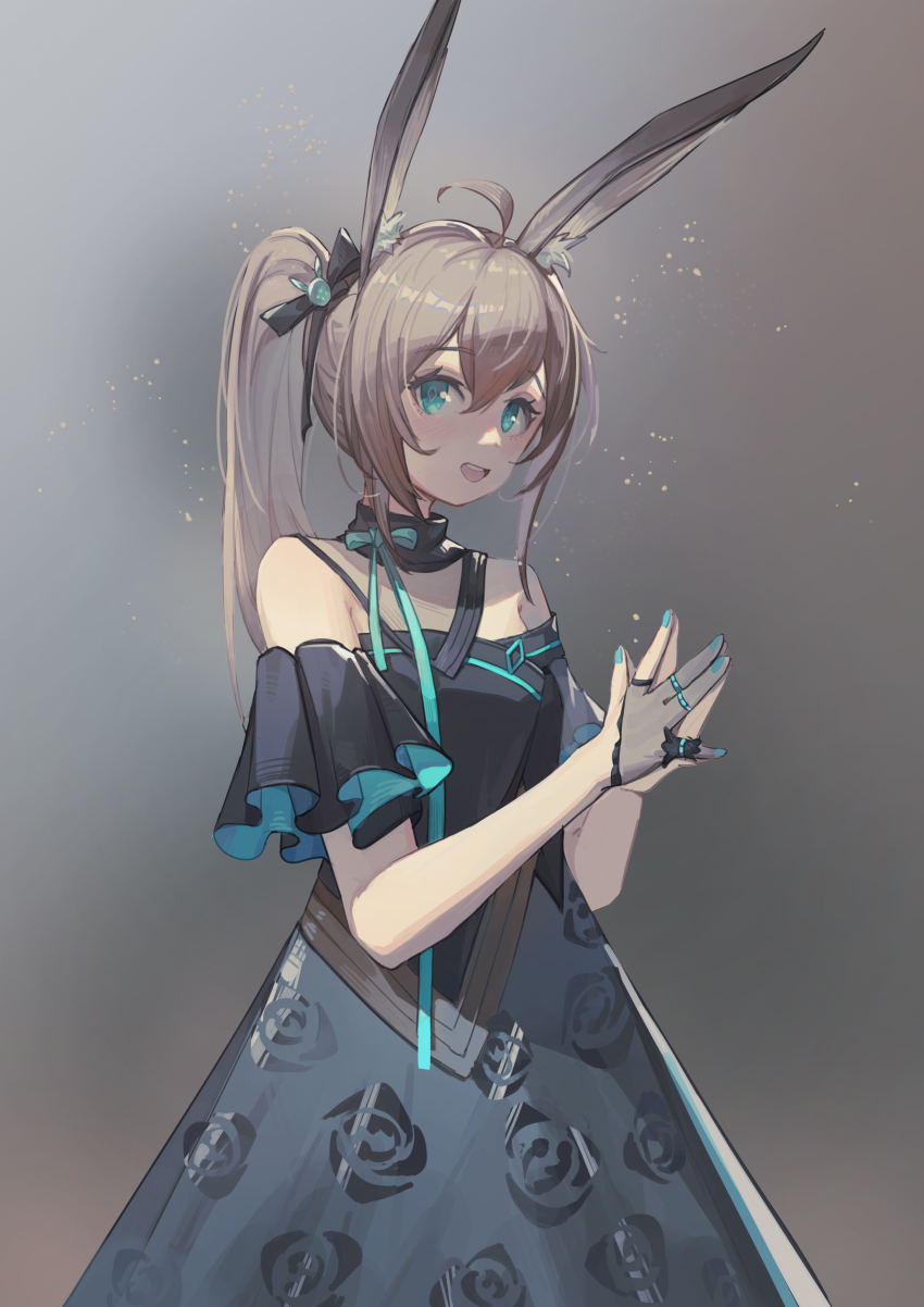 1girl absurdres ahoge amiya_(arknights) animal_ears arknights black_background black_neckwear black_scarf blue_dress blue_eyes blue_nails brown_hair commentary_request dress floral_dress gloves gradient_background hair_between_eyes hair_ornament half_gloves highres infection_monitor_(arknights) kuweichuanxin_jr looking_at_viewer mesh nail_polish off-shoulder_dress off_shoulder open_mouth own_hands_together partially_fingerless_gloves ponytail rabbit_girl scarf smile solo
