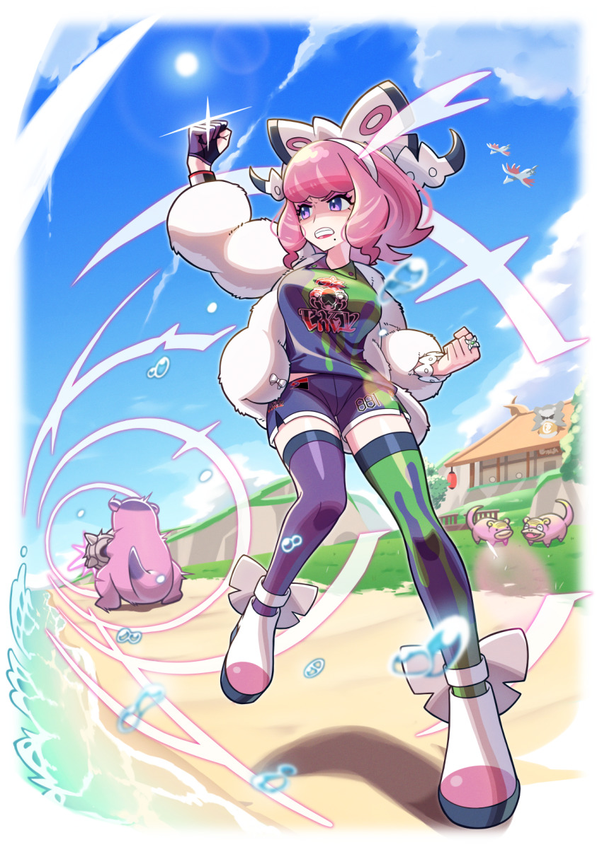 1girl arm_up asymmetrical_legwear bracelet breasts building clenched_hands clenched_teeth cloud collared_shirt commentary_request day ditto dynamax_band eire_(sai_fuji) eyelashes eyeshadow fur_jacket galarian_form galarian_slowbro galarian_slowpoke gen_1_pokemon gen_2_pokemon gen_8_pokemon gloves grass highres jacket jewelry klara_(pokemon) knees lens_flare makeup mismatched_legwear mole mole_under_mouth nintendo outdoors partially_fingerless_gloves pink_eyeshadow pink_hair pink_lips pokemon pokemon_(creature) pokemon_swsh purple_eyes ring sand shirt shoes shore shorts single_glove skarmory sky standing sun teeth thighhighs transformed_ditto water water_drop white_jacket
