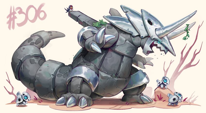 aggron armor aron bare_tree claws falling_leaves game_freak gen_3_pokemon highres horns kaiju leaf nintendo no_humans plant pokedex_number pokemon rock saliva scarvii sharp_teeth simple_background solo_focus taillow teeth tree vines wasteland