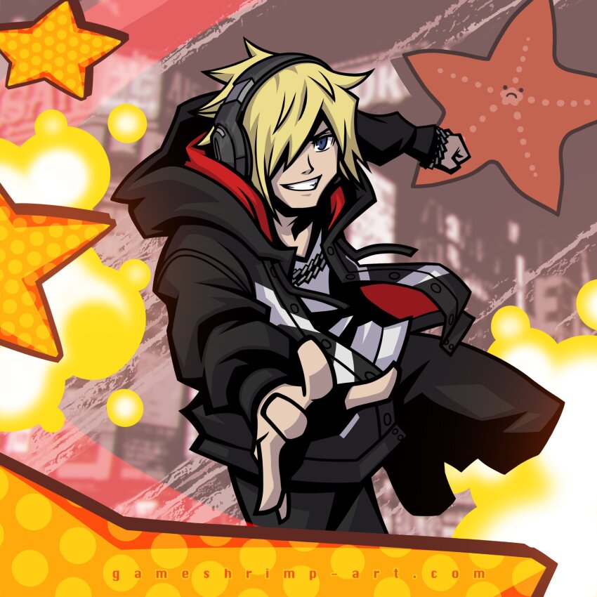 1boy bito_daisukenojo black_hoodie black_pants blonde_hair blue_eyes chain chain_necklace eyebrows grin hair_over_one_eye headphones highres hood hoodie jewelry male_focus necklace pants shin_subarashiki_kono_sekai shirt smile solo solo_focus starfish subarashiki_kono_sekai white_shirt