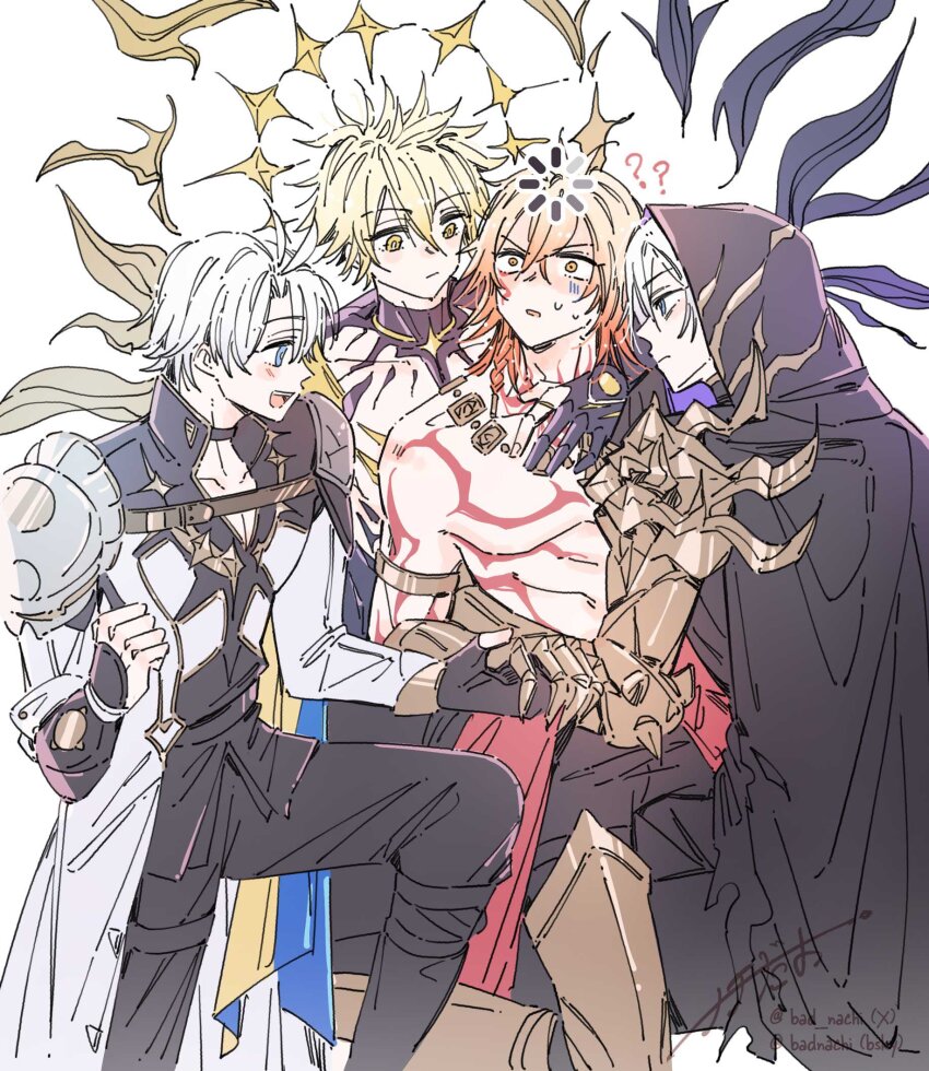 4boys ? ?? alternate_form antenna_hair arm_tattoo armlet armor asymmetrical_wings bad_nachi black_choker black_cloak black_gloves black_pants black_shirt black_wings blonde_hair blue_cape blue_eyes braid cape chest_tattoo choker cloak coat commentary facial_tattoo fingerless_gloves flame_reaver_of_the_deepest_dark gloves gold_necklace gradient_hair hair_between_eyes halo halo_behind_head highres honkai:_star_rail honkai_(series) hood hood_up hooded_cloak jewelry loading_icon looking_at_another male_focus medium_hair multicolored_hair multiple_boys mydei_(honkai:_star_rail) necklace pants pauldrons phainon_(honkai:_star_rail) red_hair red_tattoo shirt short_hair shoulder_armor side_braid simple_background single_glove single_pauldron tattoo thigh_strap white_background white_coat white_hair wings yaoi yellow_eyes yellow_wings