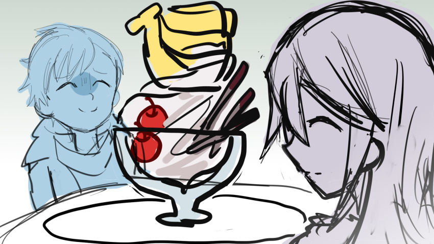 amasawa_keisuke black_eyes black_hair digimon digimon_story:_cyber_sleuth digimon_story:_cyber_sleuth_hacker&#039;s_memory food highres ice_cream kamishiro_yuuko short_hair sundae