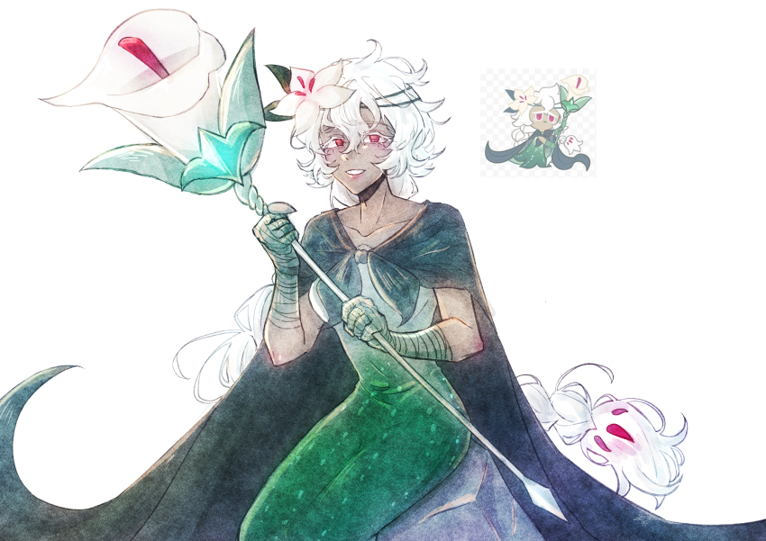 1girl braid cape cookie_run cookie_run:_kingdom dress flower gloves green_dress hair_flower hair_ornament highres holding humanization long_hair looking_at_viewer pa_ng_hovkf9 red_eyes simple_background solo very_long_hair white_background white_hair white_lily_cookie