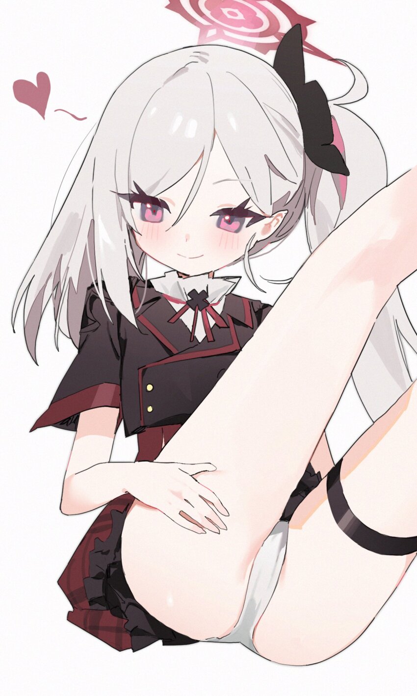 1girl asymmetrical_hair blue_archive blush closed_mouth feet_out_of_frame frilled_skirt frills grey_hair halo heart highres legs_up loli looking_at_viewer measho miniskirt mutsuki_(blue_archive) panties pink_eyes pink_halo pointy_ears shirt side_ponytail simple_background skirt solo thigh_strap underwear white_background white_panties