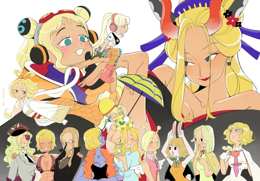 6+girls abs antenna_hair bare_shoulders black_dress black_kimono black_maria_(one_piece) blonde_hair blue_eyes blunt_bangs blush bob_cut boots capelet cardigan_on_shoulders carrot_(one_piece) cesel commentary conis_(one_piece) cup domino_(one_piece) double_bun dress earrings english_commentary feather_boa fishnet_top fishnets flying food_print freckles fruit_print giant giantess glasses gloves green_capelet hagoromo hair_bun hair_ornament hair_over_one_eye hair_slicked_back half_updo headphones hibari_(one_piece) highres holding holding_cup holding_umbrella horns japanese_clothes jewelry kalifa_(one_piece) kanzashi kaya_(one_piece) kimono lemon_print long_hair mansherry marguerite_(one_piece) medium_hair mermaid mini_person minigirl miss_valentine monster_girl multiple_girls necklace necktie notice_lines one_piece otohime_(one_piece) pearl_earrings pink_boots pink_dress pink_necktie rabbit_girl red_horns red_lips shawl short_hair simple_background sleeveless sleeveless_dress sparkle stitched_face stitches stussy_(one_piece) sunglasses turtleneck turtleneck_dress twitter_username umbrella vegapunk_york victoria_cindry vinsmoke_sora white_background white_gloves