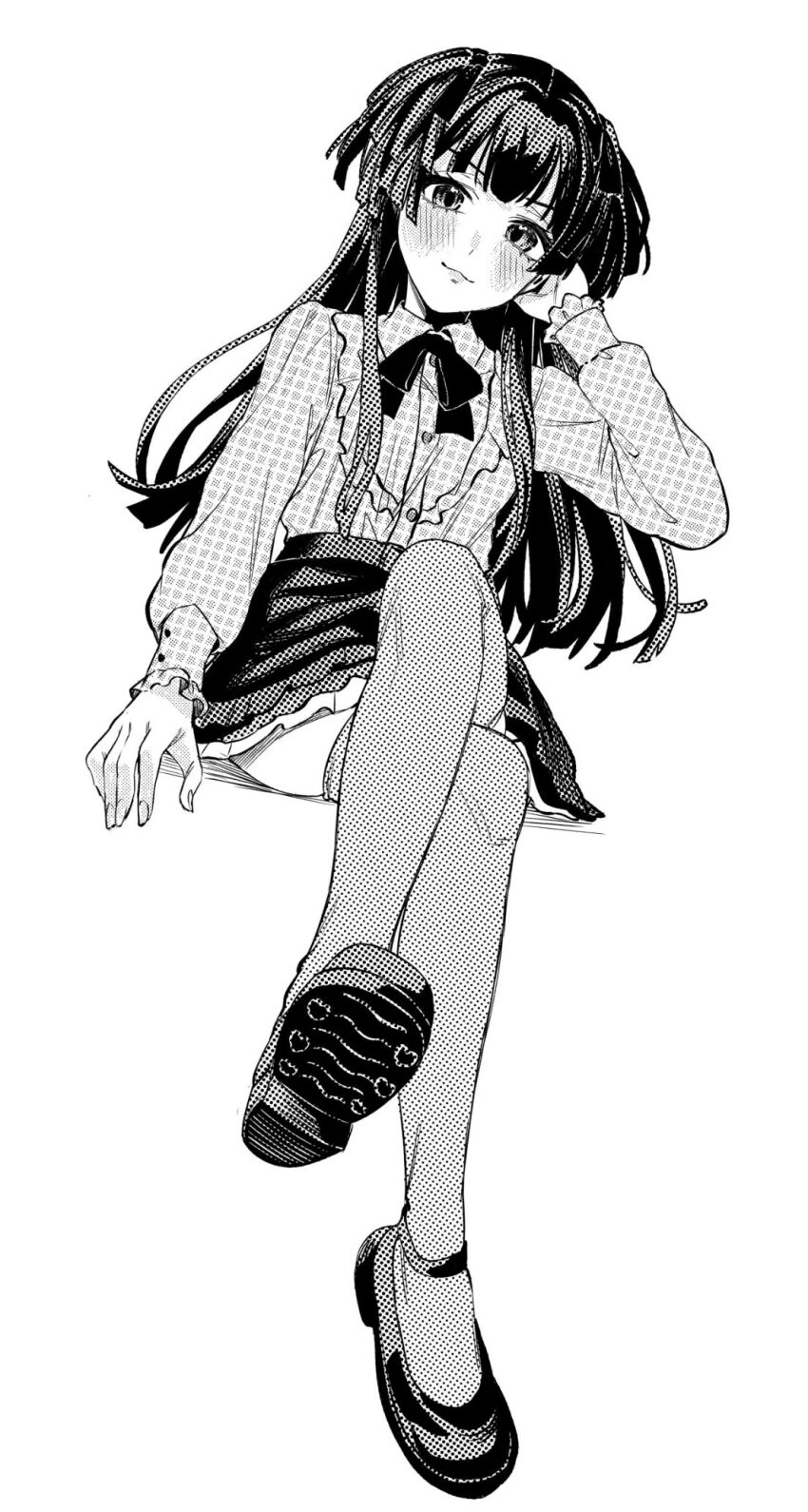 1girl blush crossed_legs greyscale head_rest head_tilt high-waist_skirt highres idolmaster idolmaster_shiny_colors invisible_chair light_smile long_sleeves looking_at_viewer mayuzumi_fuyuko monochrome neck_ribbon ribbon simple_background sitting skirt solo tanupon thighhighs white_background