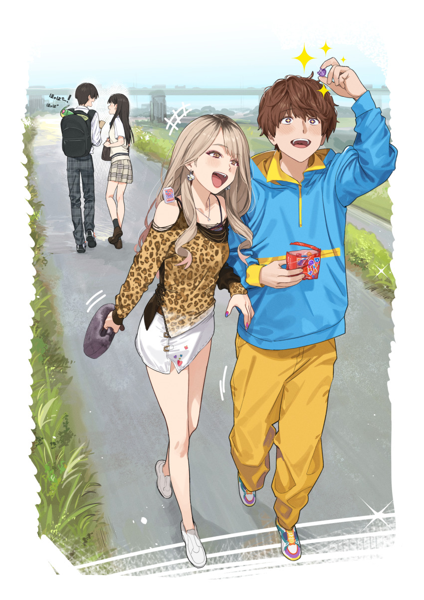 2boys 2girls absurdres adk-em amane_sachika animal_print bag bandai bandai_namco black_hair blonde_hair blue_sky bridge brown_eyes commentary_request day earrings gyaru highres hood hopper_1 ichinose_houtarou inoue_shouma ishimori_prod jewelry kamen_rider kamen_rider_gavv_(series) kamen_rider_gotchard_(series) kudou_rinne landscape leopard_print long_hair long_sleeves multiple_boys multiple_girls open_mouth pants popping_gummy school_bag school_uniform shoes shouma_(kamen_rider_gavv) shouma_stomach skirt sky smile sneakers socks sparkling_eyes toei_company tokusatsu tv_asahi yakimi_27